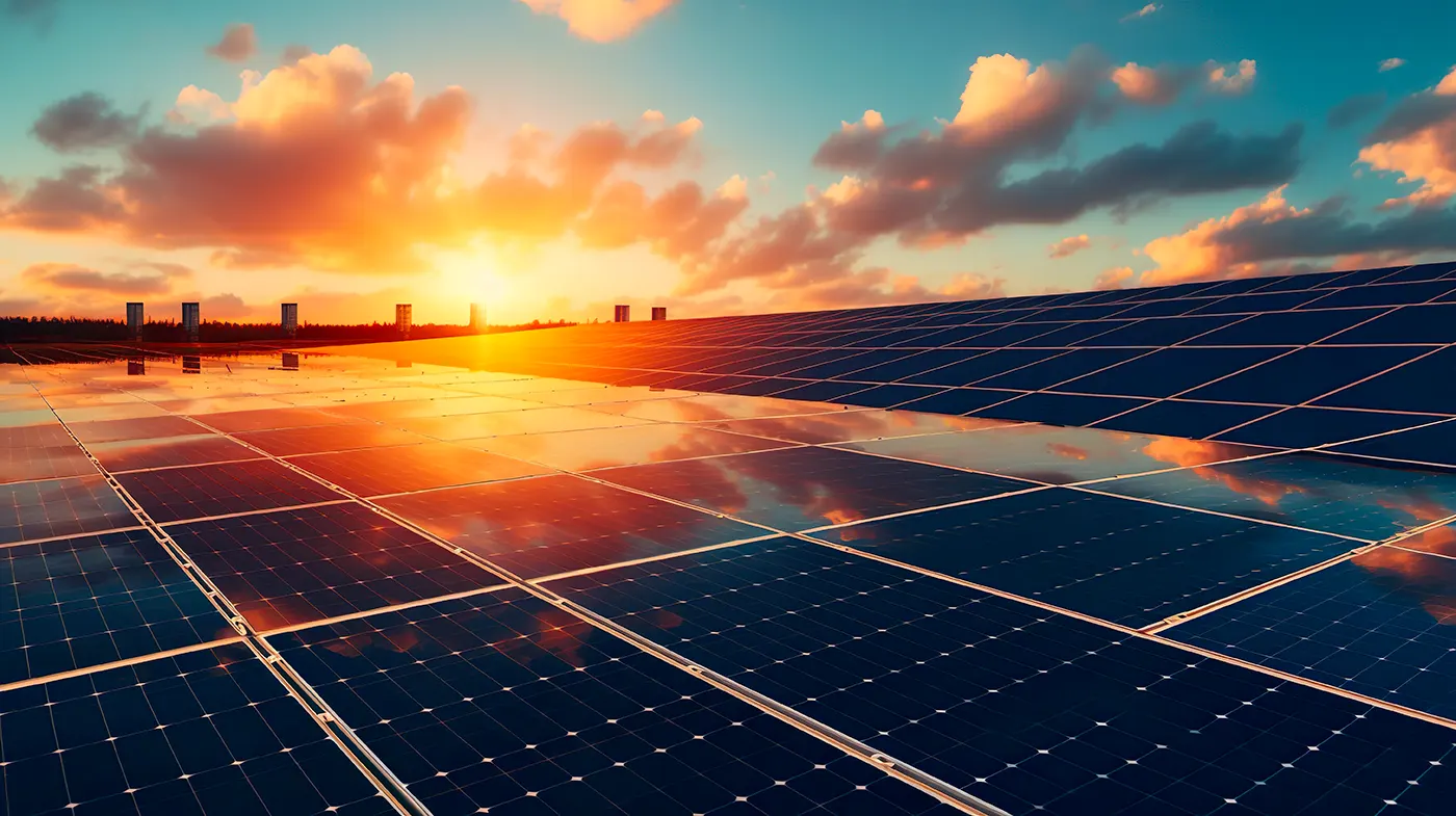 Photovoltaiklandschaft mit Sonnenuntergang